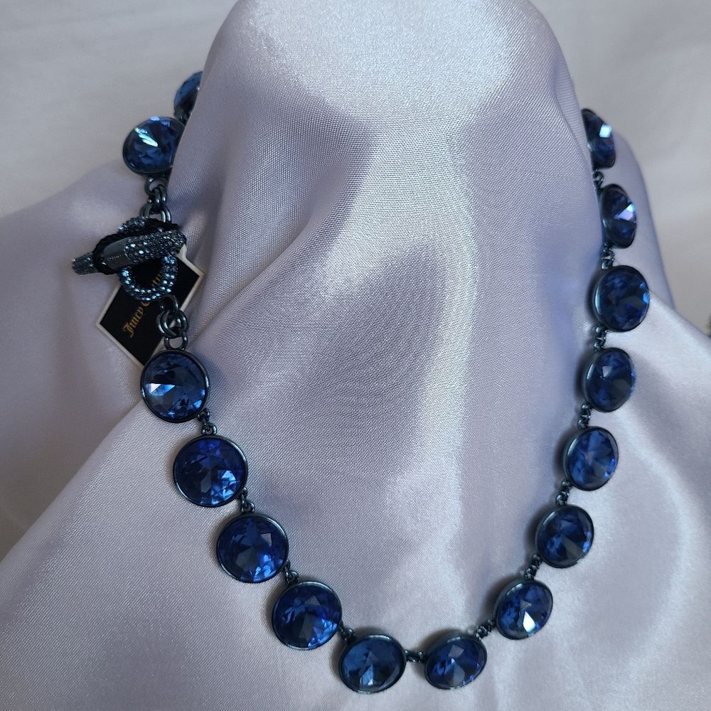 Juicy Couture Crystal/Rhinestone Sapphire Blue Statement Necklace Y2k Rare Nwt